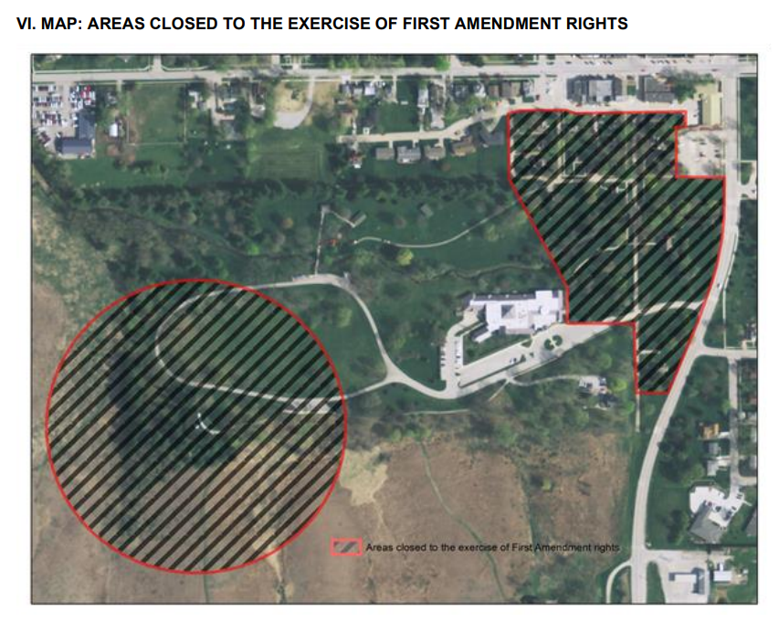 Map depicting areas closed to the exercise of first amendment rights, detailed in text below.