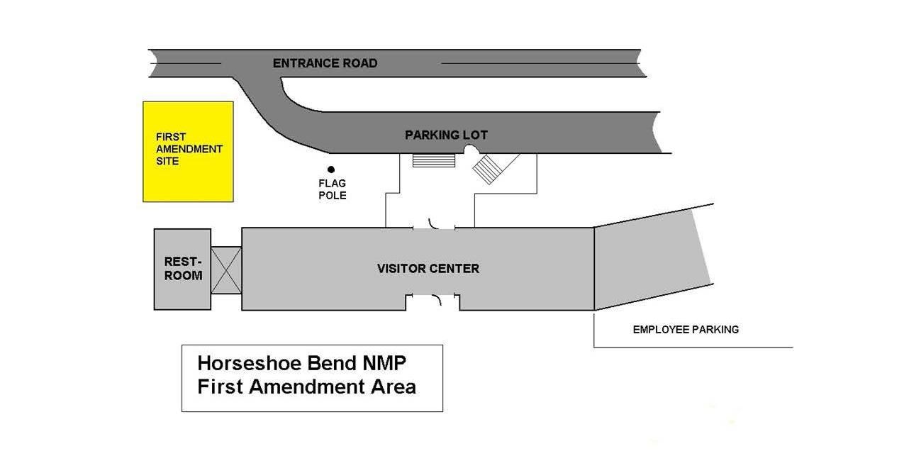 A diagram showing designated areas, used by the public, in order to exercise their First Amendment right to free speech within Horseshoe Bend National Military Park.
