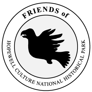 An outline of a falcon in the center circle with Friends of Hopewell Culture National Historical Park in the surrounding circle