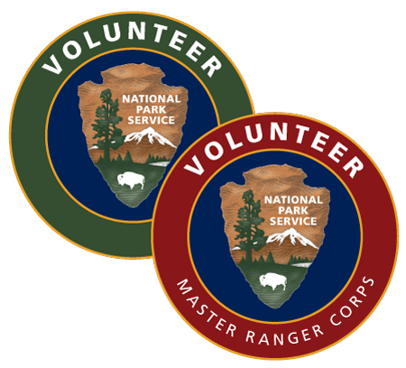 The NPS volunteer logos with arrowheads in the center of the circles