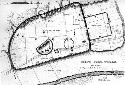 A black and white aerial view of an earthworks complex on a map