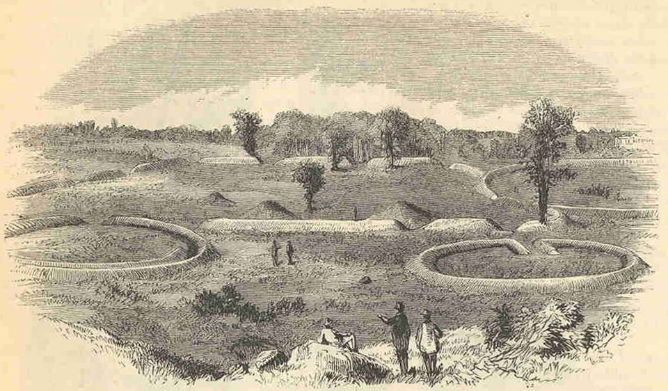 An old black and white drawing of an earthworks complex with people looking around
