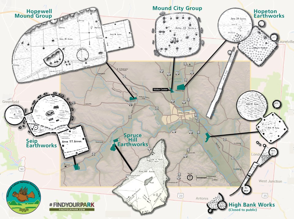 A map of Ross County with the six earthwork sites of the park shown on top