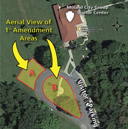 Aerial view of land showing a highlighted area with text reading First Amendment Area above it.