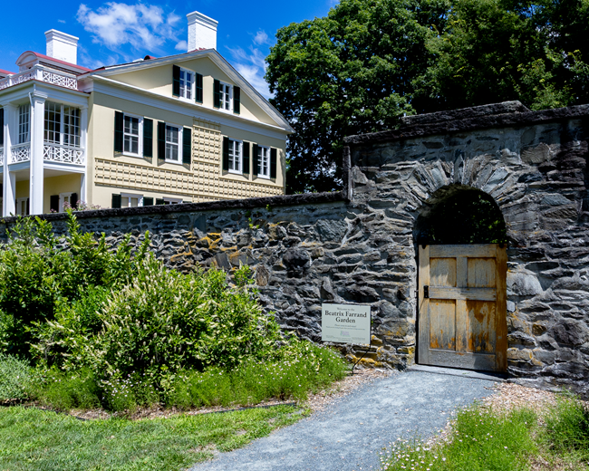 Green shrubs sit in front of a large, gray stone wall. In the wall, a wooden gate remains closed with a sign in front of it that reads "Beatrix Farrand Garden." Behind the wall, the top of a yellow mansion is noticeable surrounded by green trees.