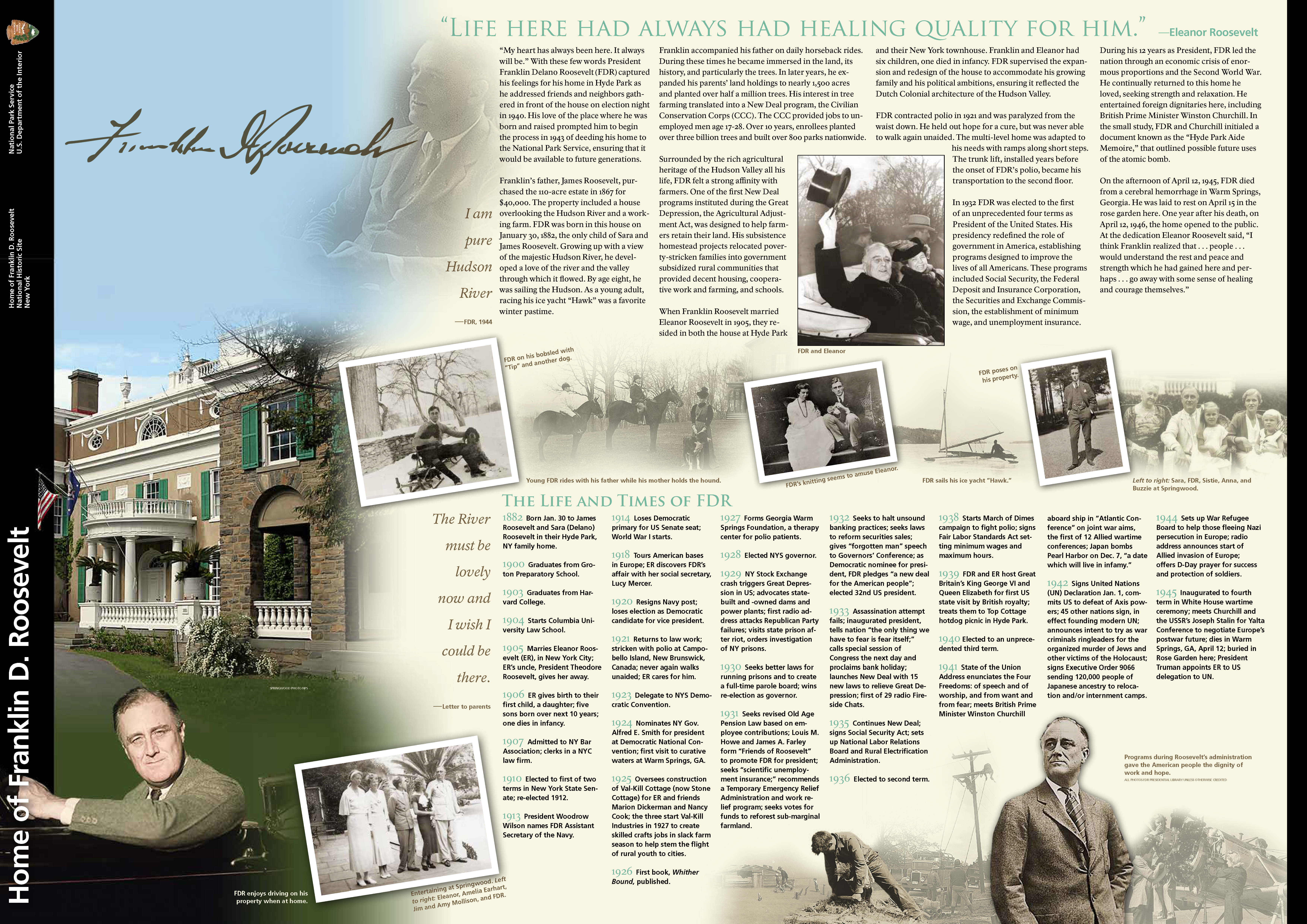 The front side of the Home of FDR brochure distributed at the historic site. The page includes photos of FDR throughout his life, photos of his home, a timeline, and descriptions of key events in FDR's career. There is a link to a full description below.