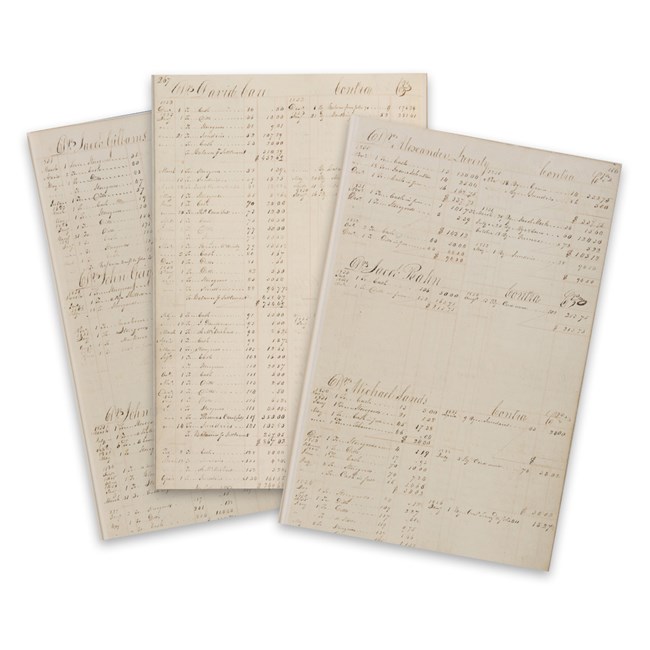 handwritten pages of people names, items they purchases, price of tiems and their account balance.