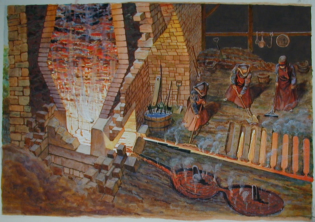 Painting of molten iron flowing from furnace.