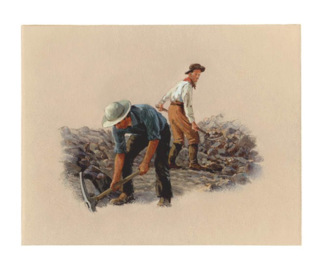 Illustration of two men in a pile of large rock. One holds a pick ax and the other uses a shovel.