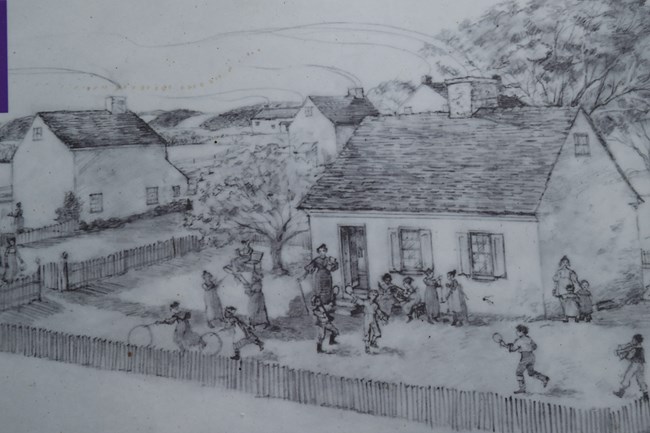 Drawing of children outside a schoolhouse near Hopewell Furnace.