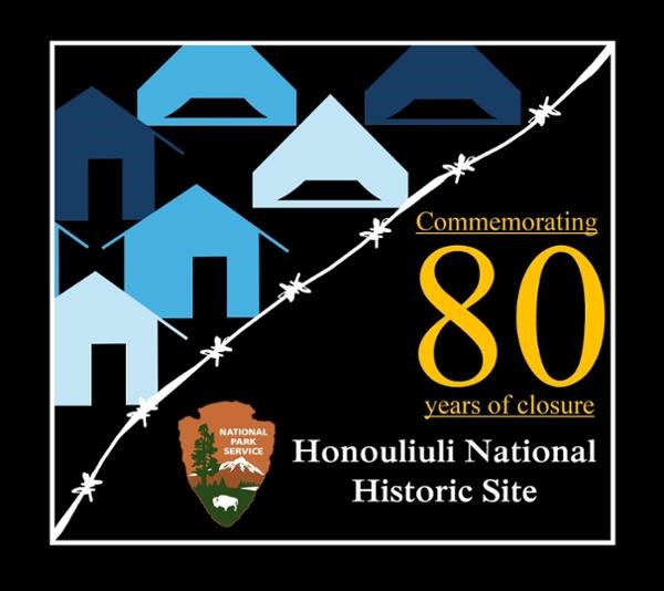 A logo with blue tents and cabin silhouettes separated by a diagonal line of white barbed wire from text that reads the park name and "Commemorating 80 years of closure" in gold text. All graphics and text are against a black background.