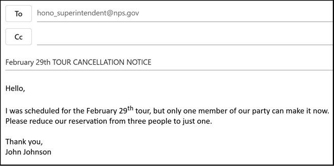 An example email to hono_superintendent@nps.gov to cancel a tour reservation for two people out of a party of three.