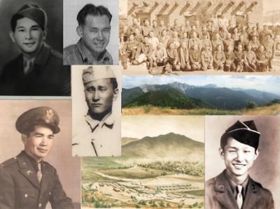 Members of the 442nd in uniform and their fathers in incarceration camps