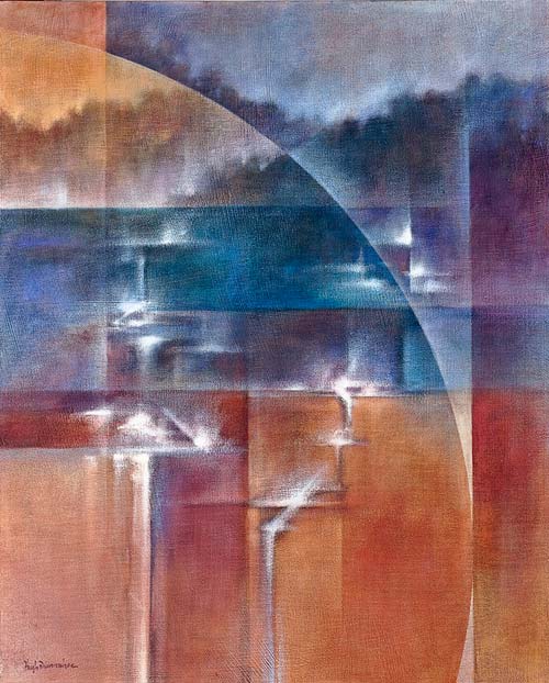 painting with blues, purples, red and burnt orange colors with vertical and horizontal linear separations of color, also an arc. Throughout the colored areas are white triangles which bleed to another below it.