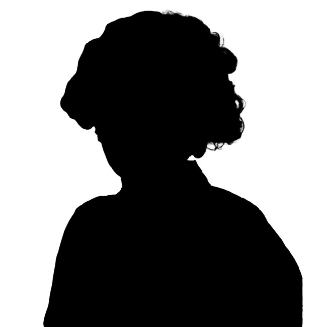 A black silhouette of a woman with curly hair.