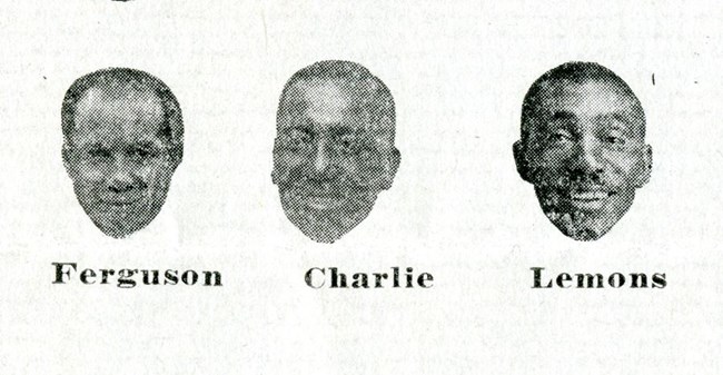 Black and white photo of three African American men. Only their heads are visible. Under the heads are the names "Ferguson," "Charlie," and "Lemons" from left to right.