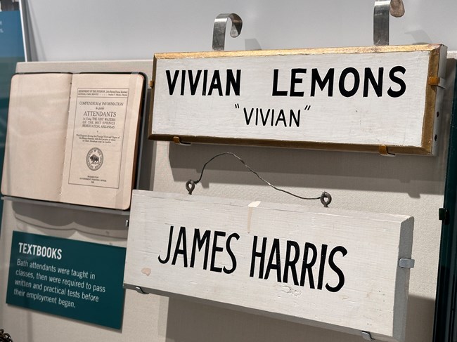 Two wooden panels are hanging on a wall. One reads "VIVIAN LEMONS 'VIVIAN'" and the second one below it reads "JAMES HARRIS." Next to the panels is a small book hanging on a wall, opened.