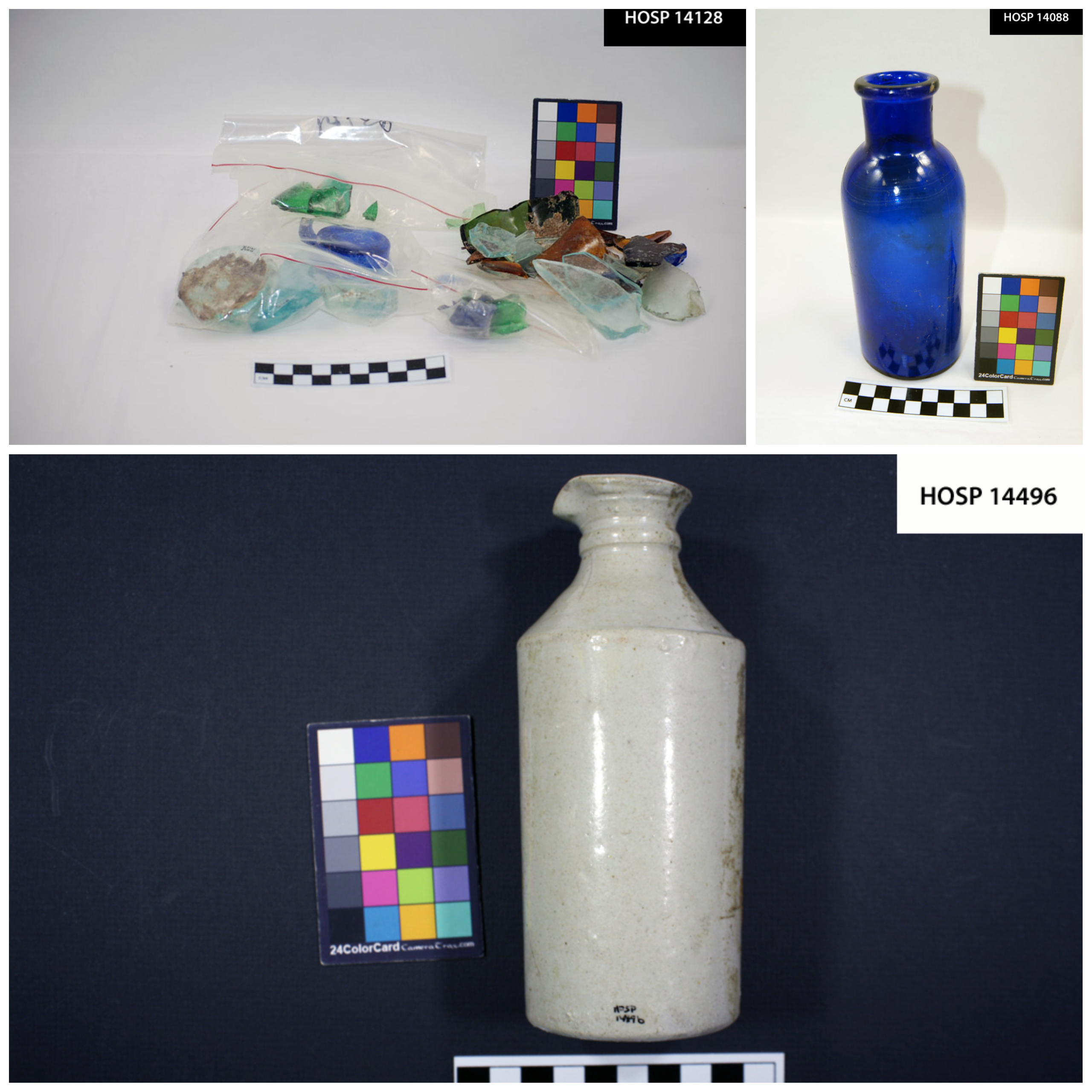 Three images of types of glass: glass chards, a blue glass bottle, and a stoneware bottle