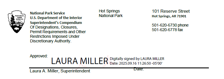 Signature area that includes Hot Springs' information, compendium information, and the superintendent's digital signature.