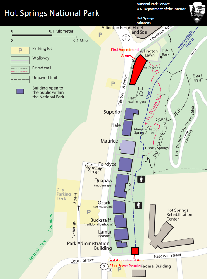 Two first amendment areas just south of Arlington Lawn and south of the Administration building, highlighted in red.