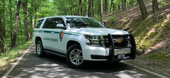 A park ranger vehicle on a trail road.