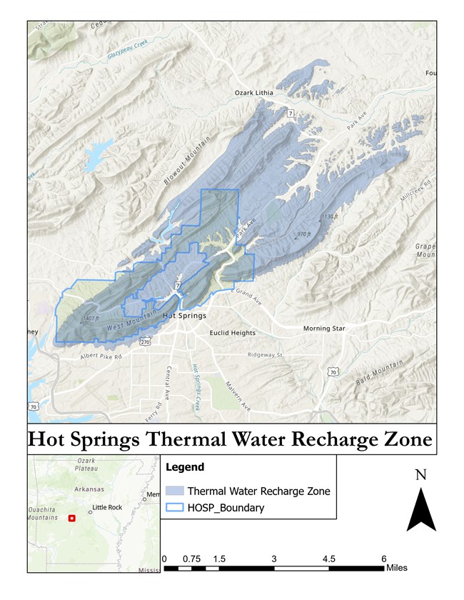 An area of blue covers the boundaries of Hot Springs National Park