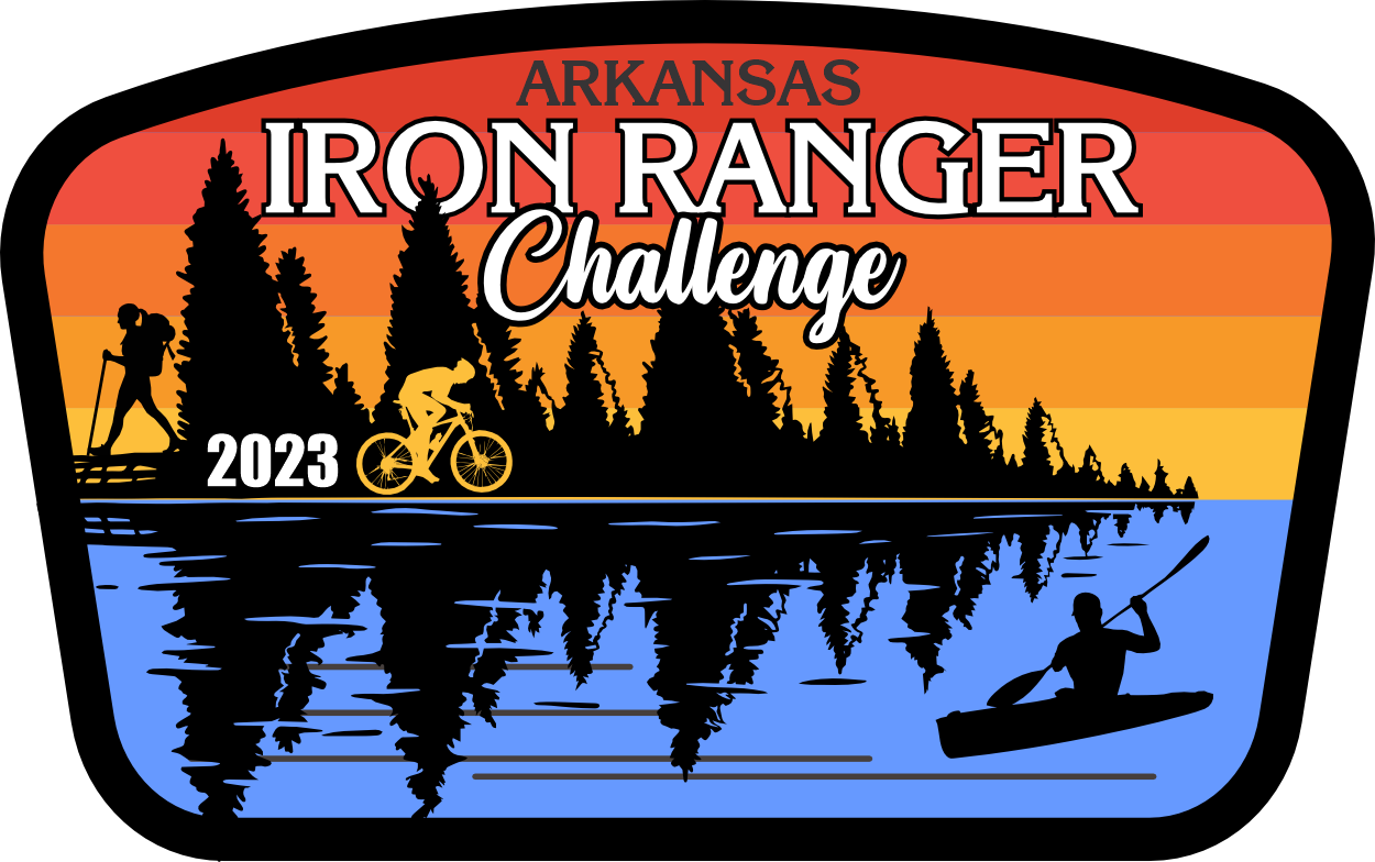 A rectangular graphic with "Arkansas IRON RANGER Challenge" printed at the top. 3 silhouetted people hike, bike, and paddle from left to right. A color gradient from red to blue moves down the graphic with trees on the top half and water on the bottom.