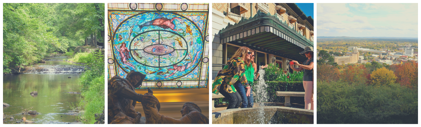 Four photo collage: Gulpha Creek, Women posing in front of the Fordyce, Stained Glass in the Bathhouse, and an overlook of Fall colors.