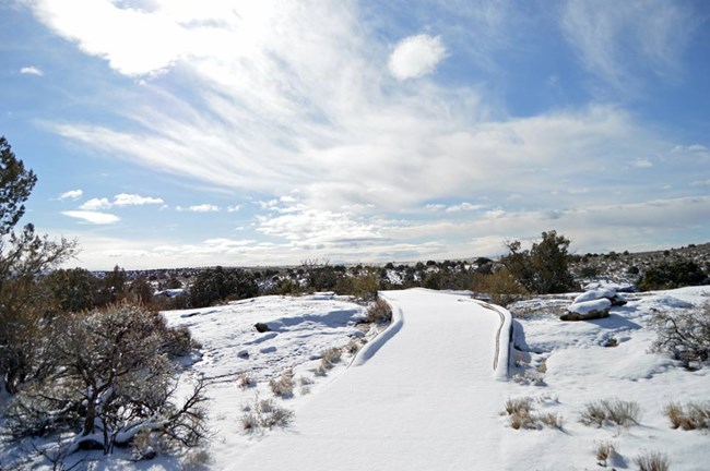 Snow-covered sidewalk to canyon overlook
