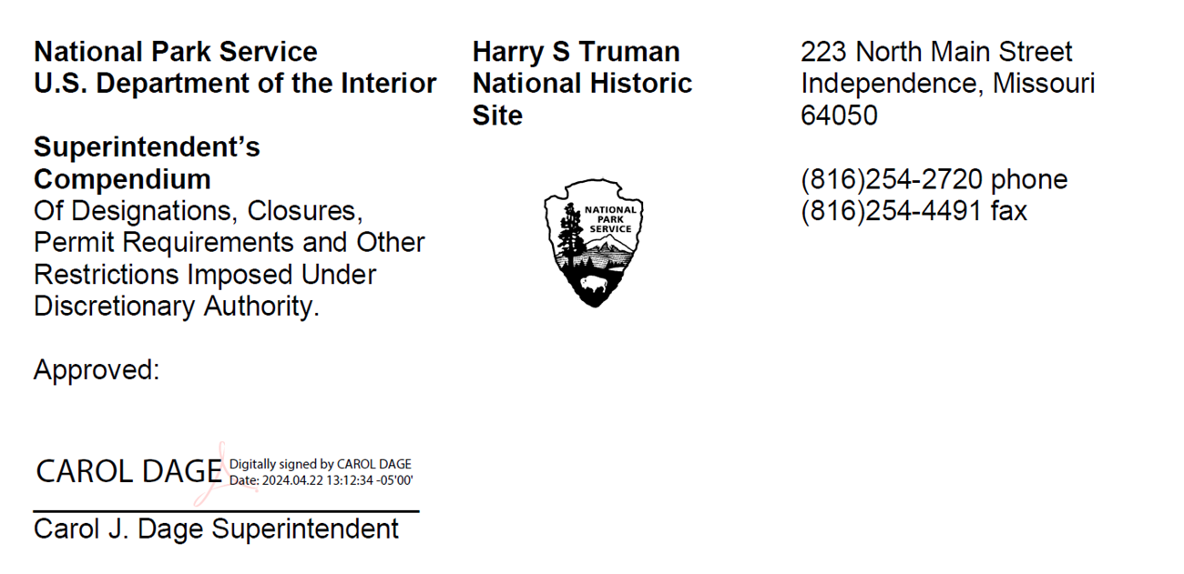 A document shows the signature of park Superintendent Carol Dage and is dated April 22, 2024