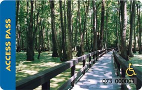 A photo of the "America the Beautiful" "Access Pass," showing a boardwalk path through woods at a national park.
