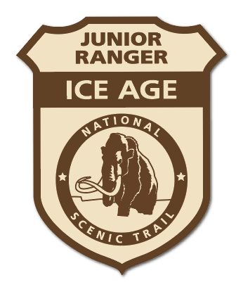 Illustration of Ice Age Junior Ranger badge depicting a national park service style badge with a mammoth.