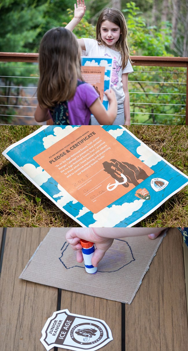 Photograph of child with hand up while another reads ice age junior ranger pledge.