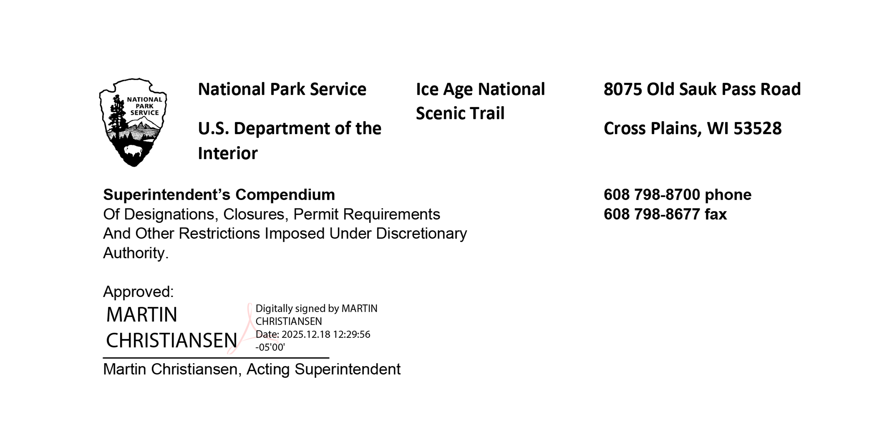 Signature page of the Ice Age National Scenic Trail's Superintendent's Compendium