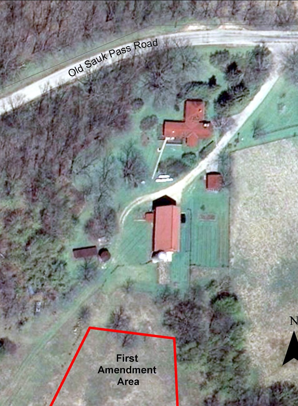 Map of the National Park Service property in Cross Plains showing the location of the park's First Amendment Area south of the barn as described in the Superintendent's Compendium.