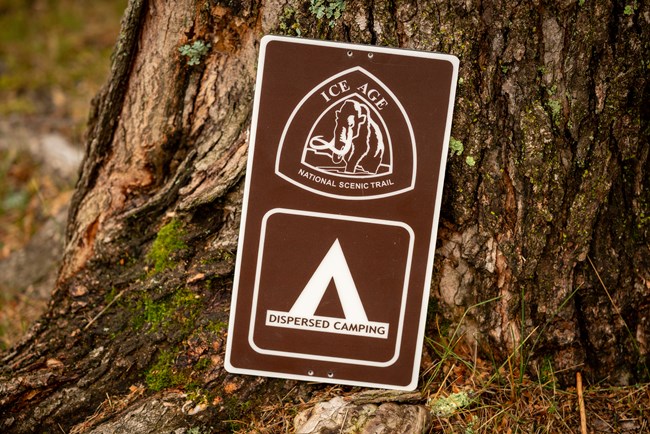 Photograph of a brown sign with the ice age trail emblem and a tent symbol with "Dispersed Camping" in white lettering.