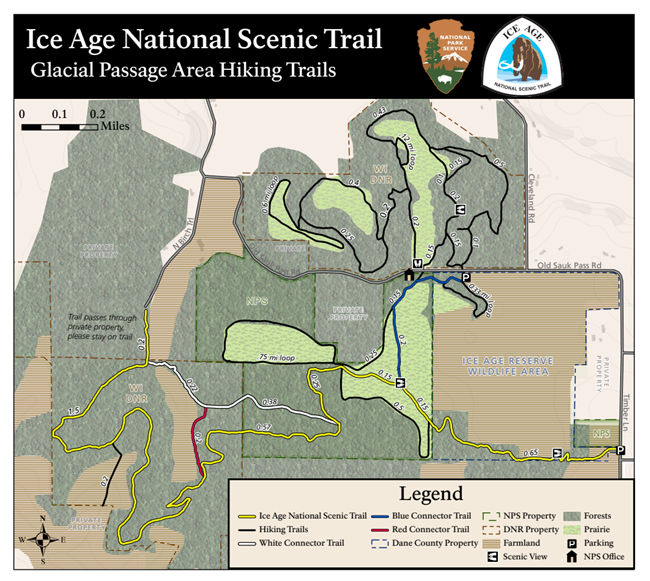 Map of Glacial Passage Area in Cross Plains, Wisconsin showing hiking trails.