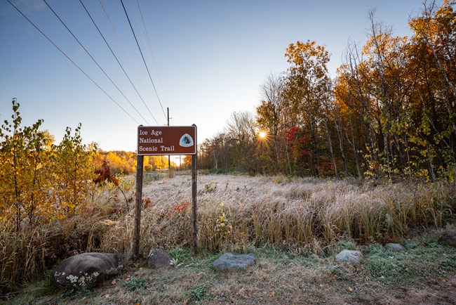 Photograph of “Ice Age Trail” sign surrounded by a forest with autumn foliage.