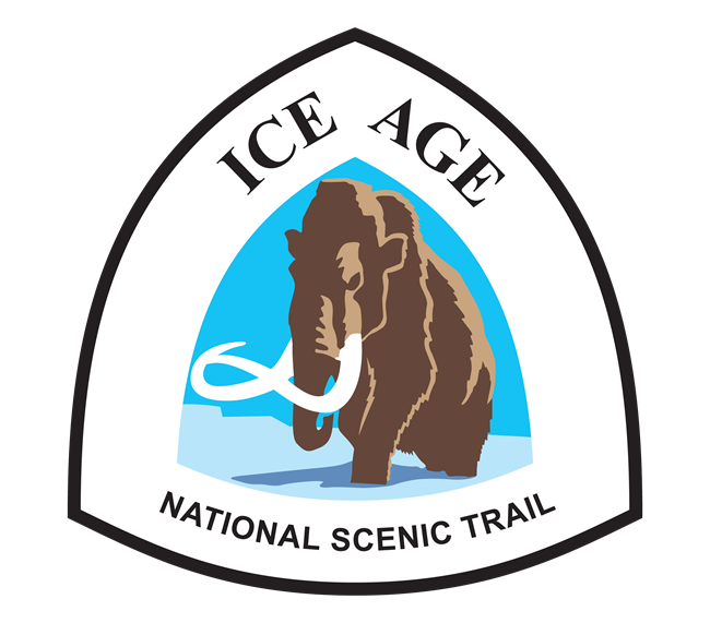 Official trailmark of the Ice Age Trail featuring an illustration of a woolly mammoth.