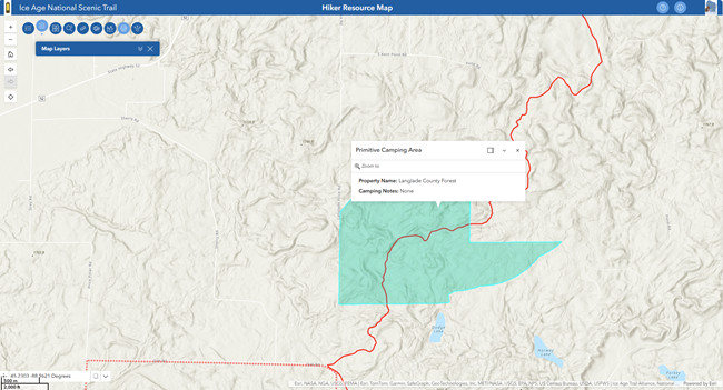 Screenshot of hiker resource map showing trail location and a green rectangle indicating a primitive camping area.