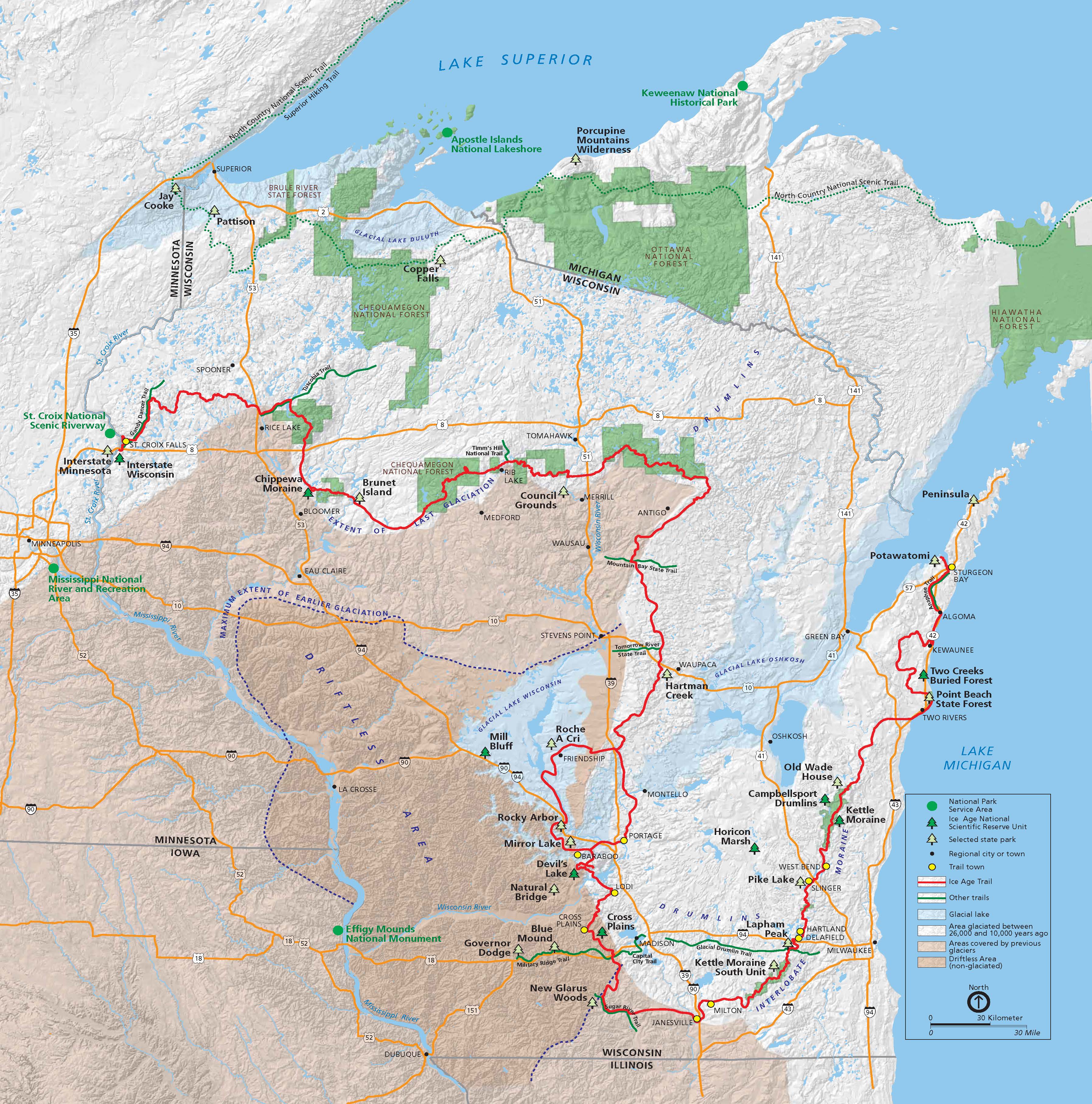 Maps Ice Age National Scenic Trail U S National Park Service   Statewide IAT Map 2011 