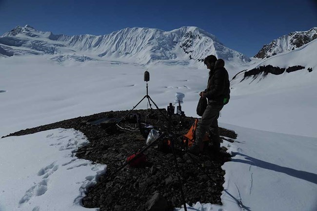 A researcher records natural sounds on a Denali glacier.