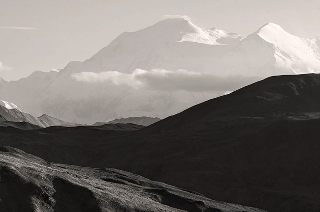 A black and white image of Denali peaks.