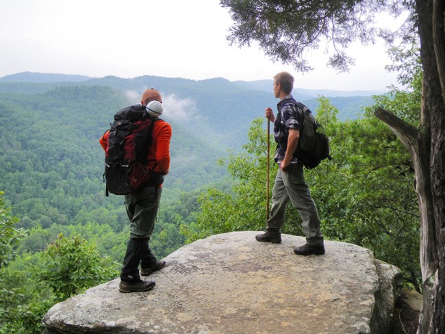 Two people with backpacks looking out over a green, hilly landscape
