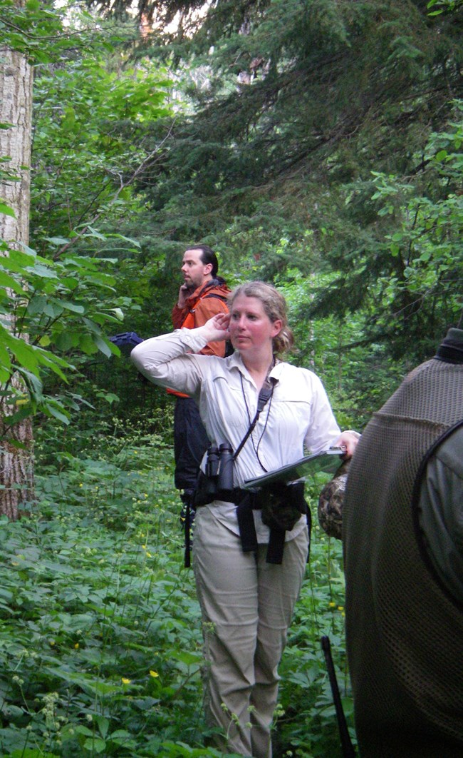 A woman standing in a green forest holds her hand up to her ear and looks left. She is wearing binoculars and holding a clipboard. A man in orange behind her is also holding a hand up to his ear and looking left.