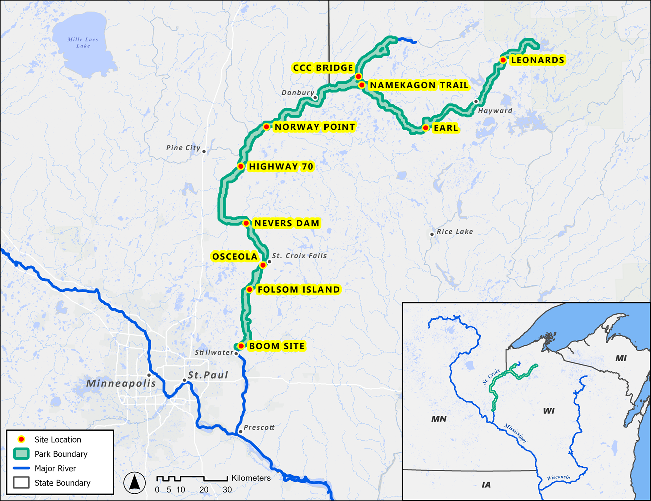 A map showing the Namekagon and St. Croix Rivers, with the National Park Service boundary indicated in green. Black text highlighted in yellow show sample site locations along the rivers. An inset map shows the location in the larger region.