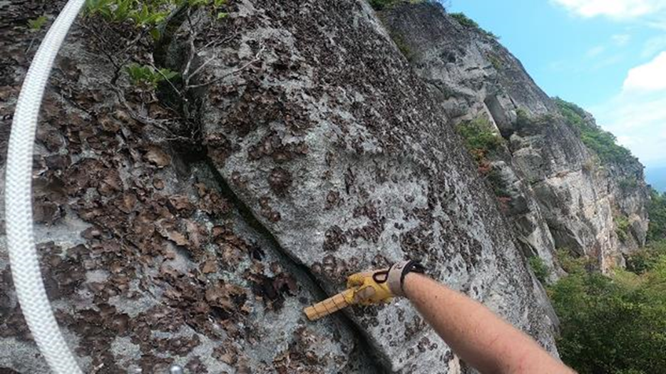 Gloved hand of person measuring a gap in cliffrock layers.