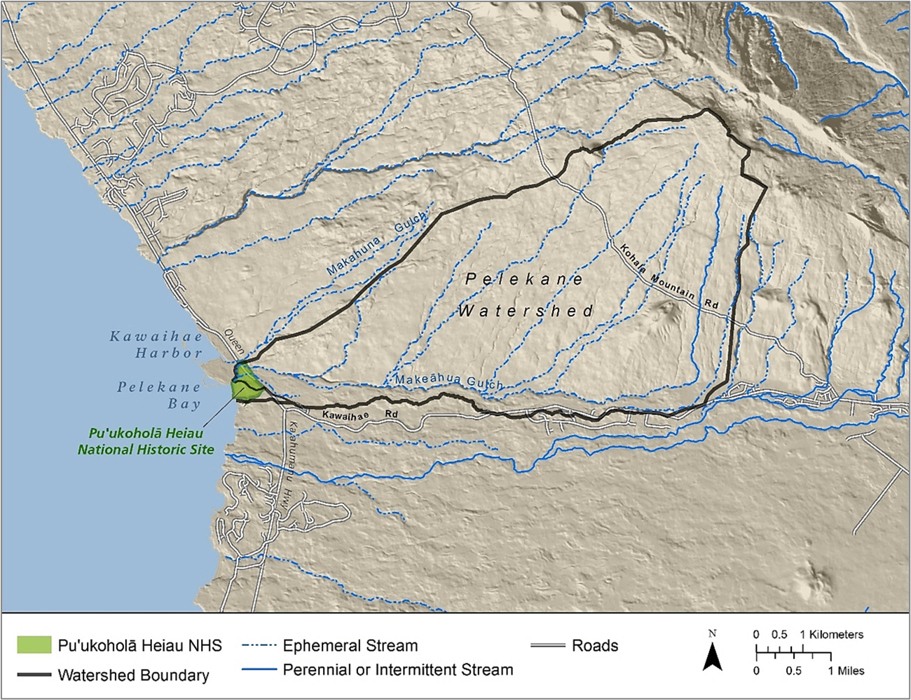 Figure 5. Pelekane Bay watershed. The northern half of Puʻukoholā Heiau NHS drains to Pōhaukole and Makeāhua Gulches; the southern half of the Puʻukoholā Heiau NHS drains directly to the ocean.