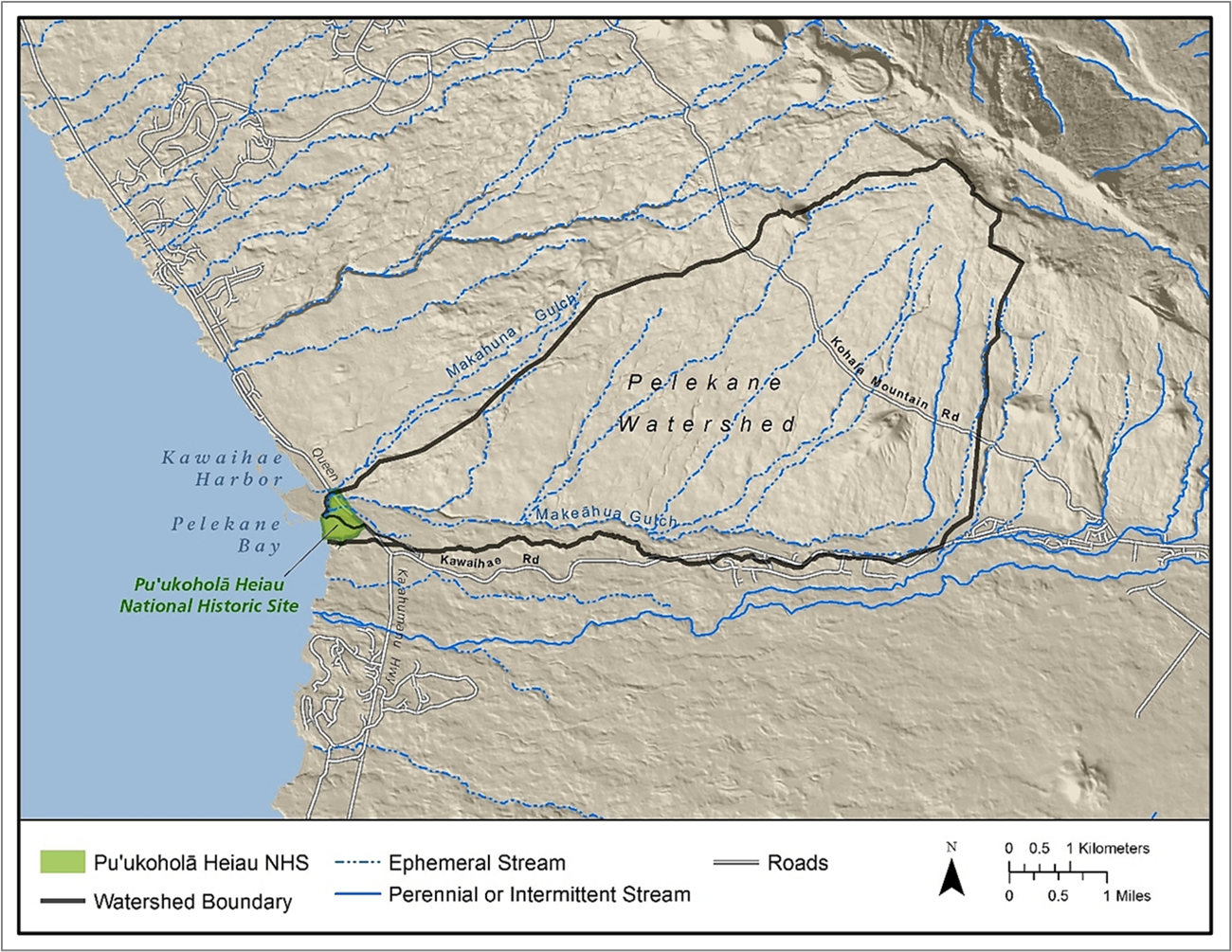 Figure 6. Pelekane Bay watershed. The northern half of Puʻukoholā Heiau NHS drains to Pōhaukole and Makeāhua Gulches; the southern half of the Puʻukoholā Heiau NHS drains directly to the ocean.