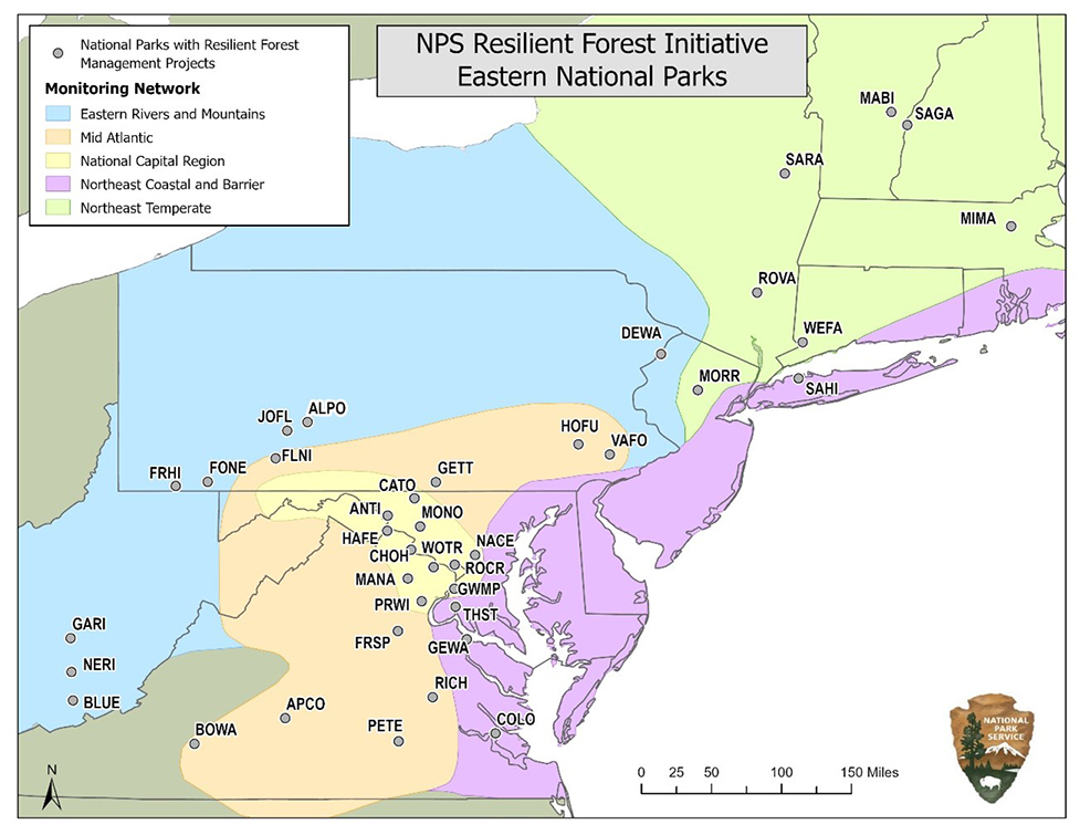 Map of the eastern US, showing the location of the I&M networks and parks involved in the Resilient Forests Initiative.